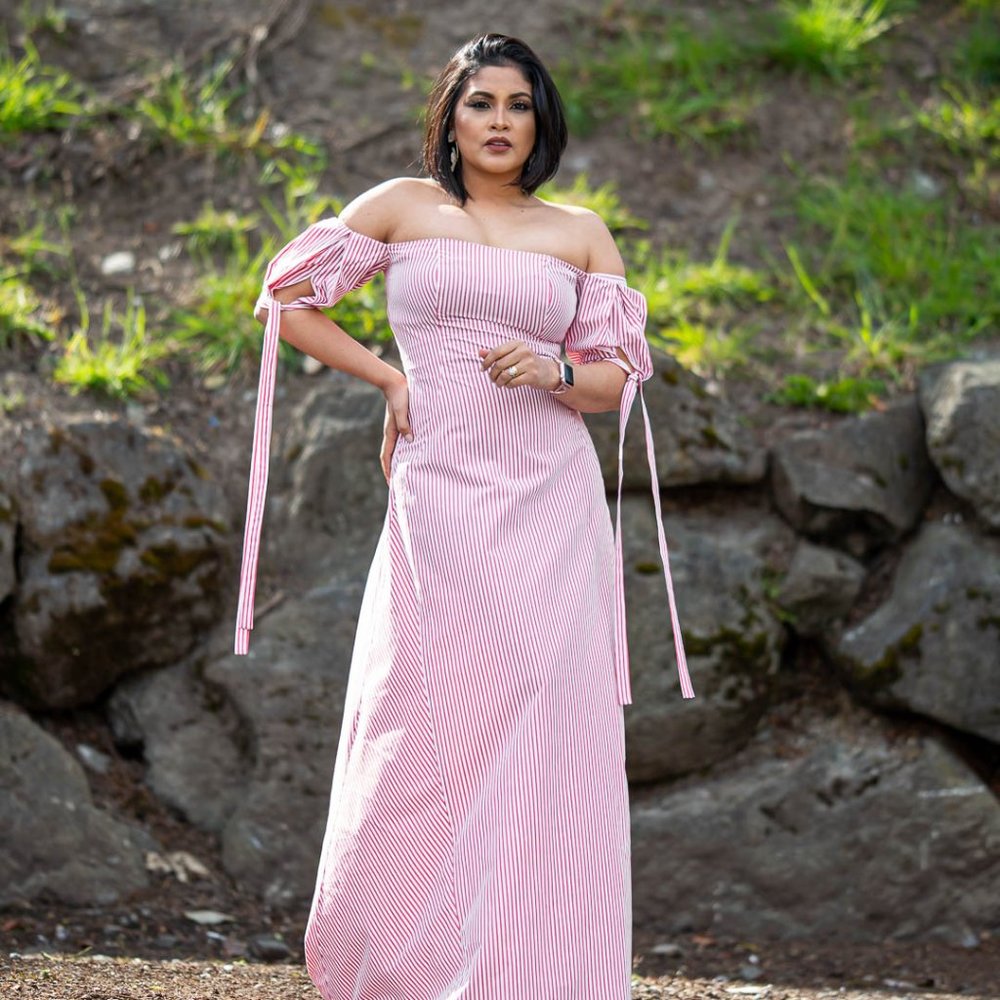 Full-length, Red and white striped Dress